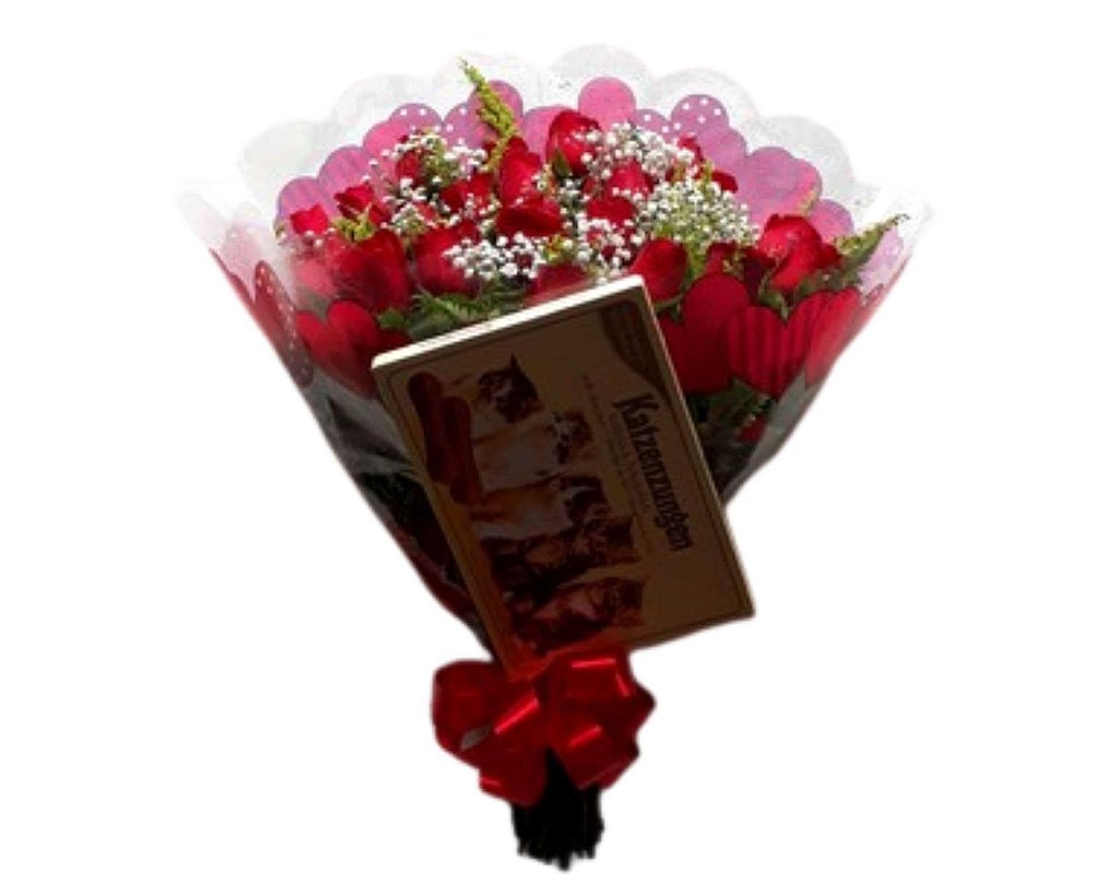 Buquê de 24 rosas Vermelho ou Colorido ; Com Ferrero ou Chocolate Importado