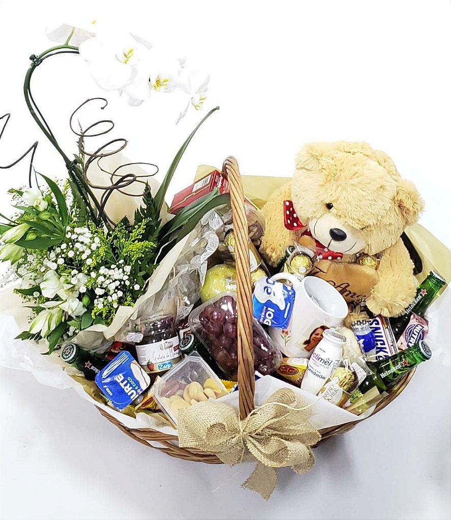 Cesta de Café da Manhã Urso com Orquídea e Cerveja.