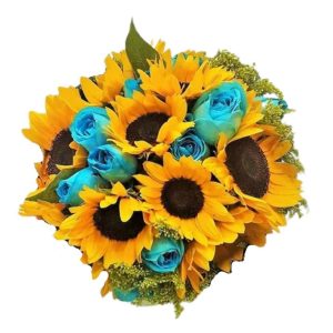 Buquê de Noiva Com Girassóis e Rosas Azuis