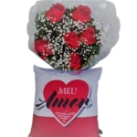 Buquê de 6 Rosas Vermelhas e Almofada Especial