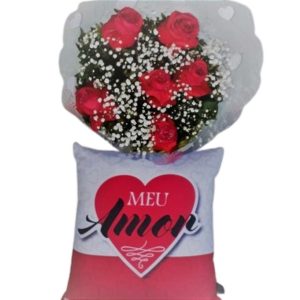Buquê de 6 Rosas Vermelhas e Almofada Especial