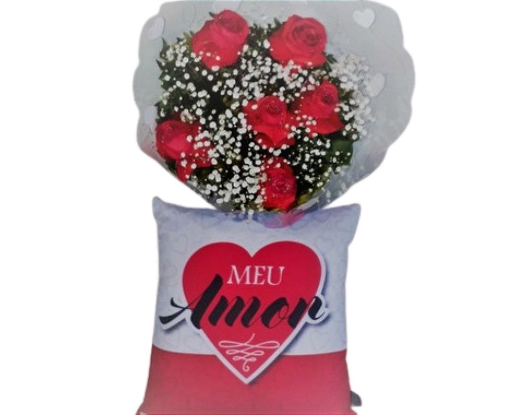 Buquê de 6 Rosas Vermelhas e Almofada Especial