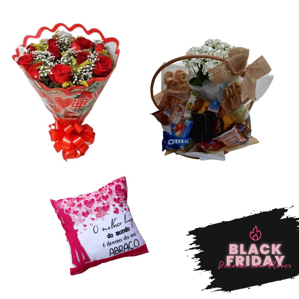 Cesta Uno + Buquê de Rosas 12 Un. + Almofada de BRINDE