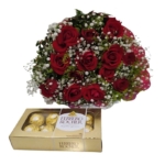 Buquê 12 Rosas Vermelhas ou Coloridas com Ferrero Rocher 8 unidades ou Chocolate Importado