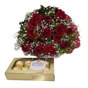 Buquê 12 Rosas Vermelhas ou Coloridas com Ferrero Rocher 8 unidades ou Chocolate Importado